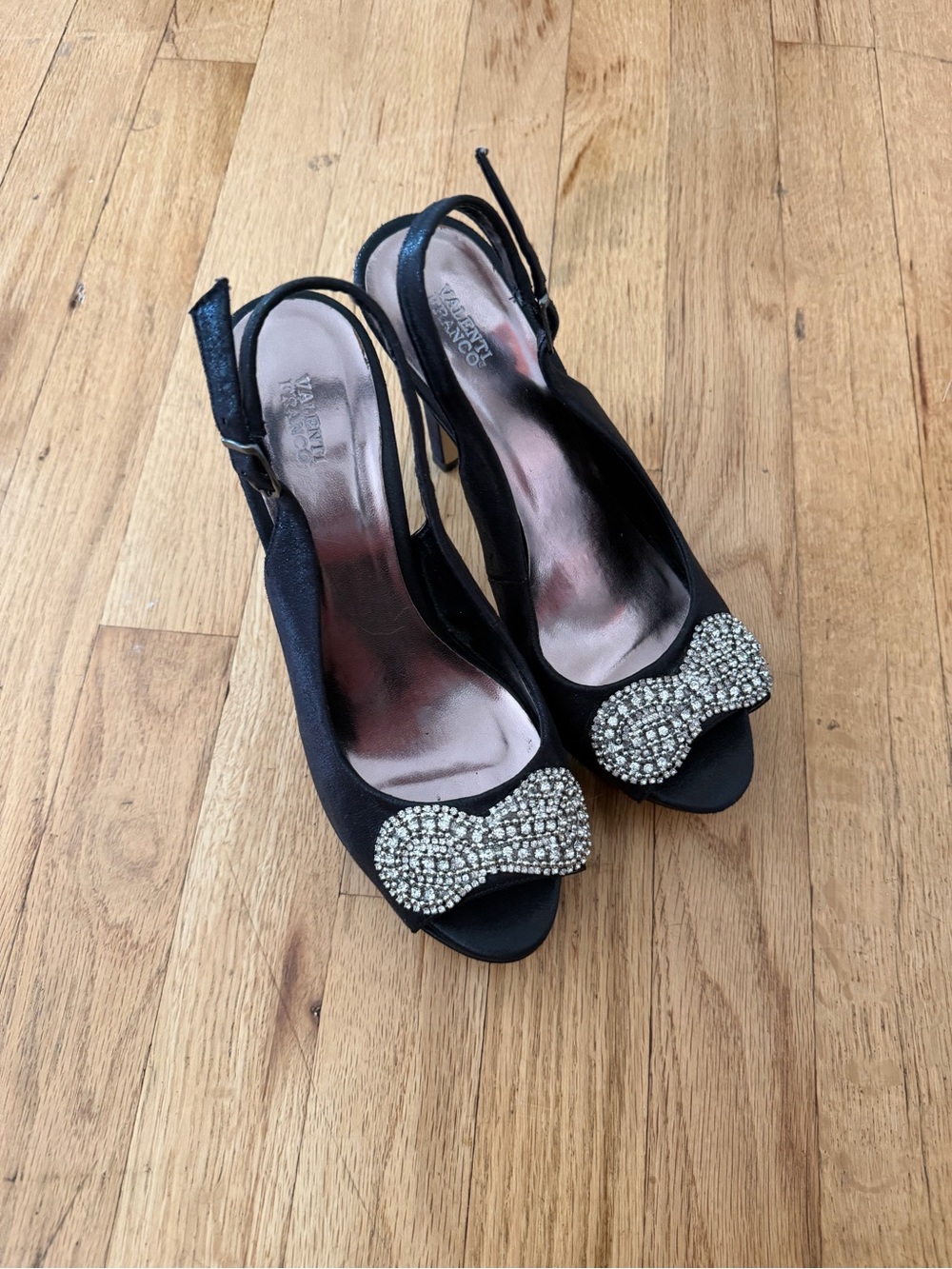 Valenti Franco Black Crystal Bow Slingback Peep-Toe Heels